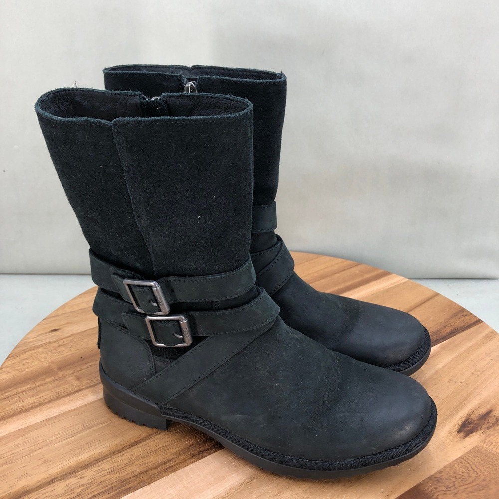 UGG Lorna Waterproof Nubuck Leather Buckle Moto Boots Black Womens Size 6